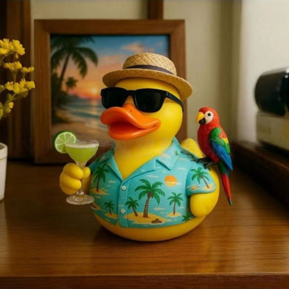 Beach-Style Duck Tabletop Figurine with Sunglasses, Straw Hat, Parrot and Tropical Shirt Details