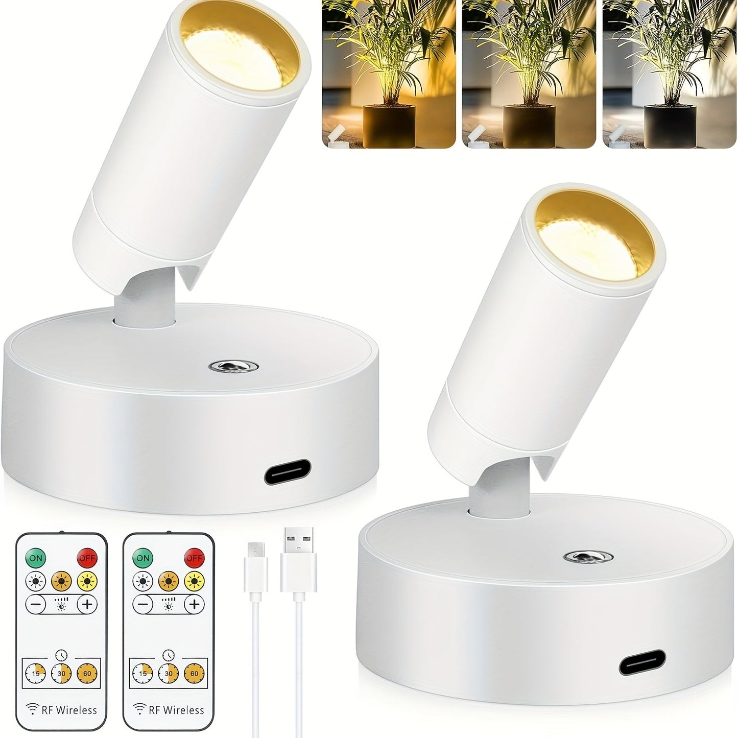 Rechargeable Indoor Spotlight LED – 3-Color Dimmable with Remote & Timer, 350° Adjustable, 2500mAh Battery, Magnetic Base Wall Accent Light for Pictures, Plants & Artwork (White / Black, 1 or 2 Pack)