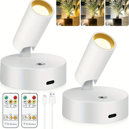 Rechargeable Indoor Spotlight LED – 3-Color Dimmable with Remote & Timer, 350° Adjustable, 2500mAh Battery, Magnetic Base Wall Accent Light for Pictures, Plants & Artwork (White / Black, 1 or 2 Pack)
