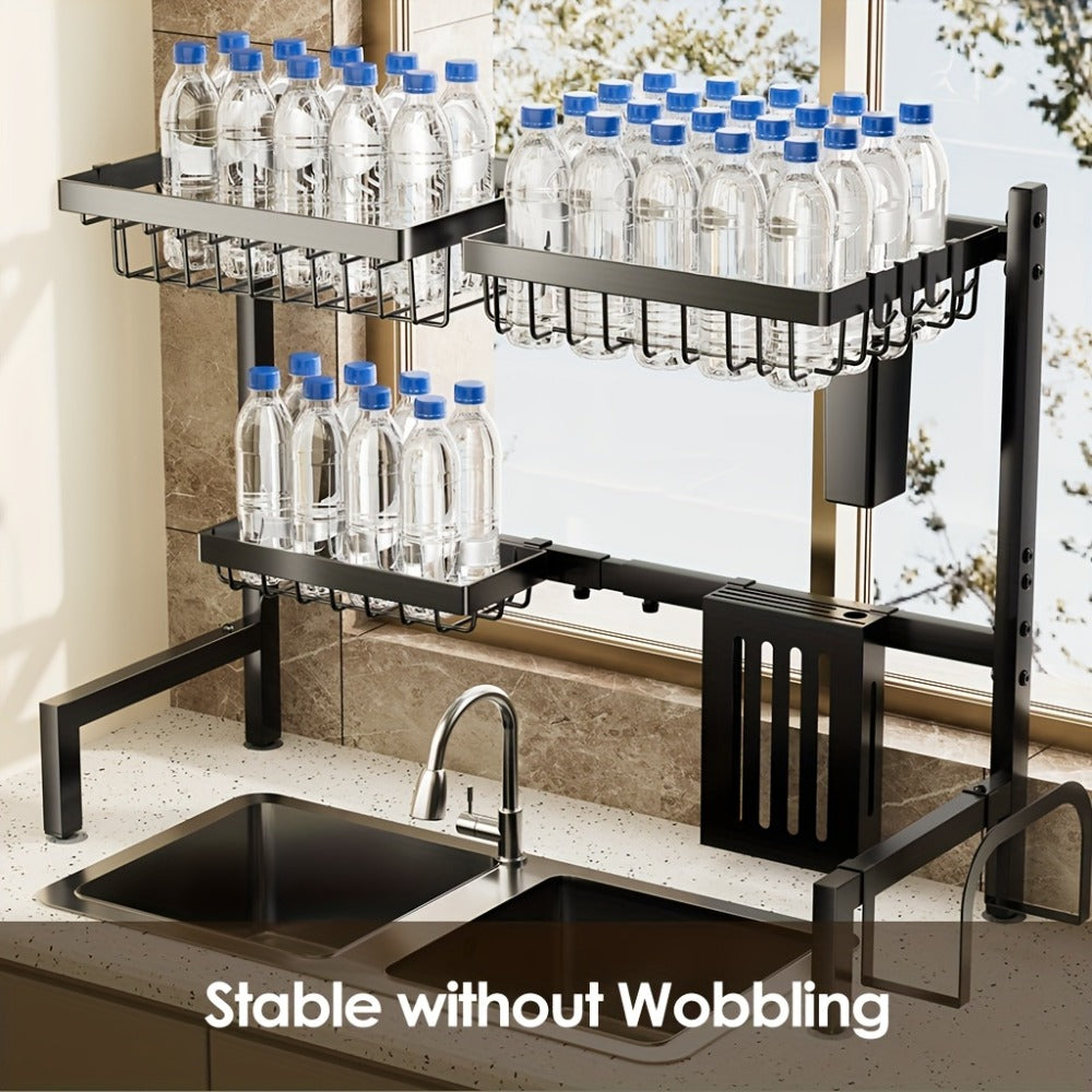 Over-Sink Dish Drying Rack Kitchen Organizer, 30-33.9-Inch Two-Tier Frame with Seven Removable Accessories