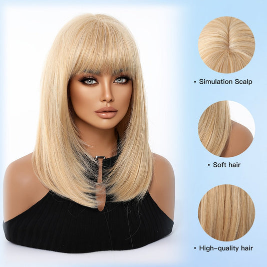 Golden Straight Wig with Bangs for Women 14 Inch Shoulder Length Layered Synthetic — Full Bangs High Temperature Silk Fiber Glueless Rose Net Cap for Daily Fashion Party