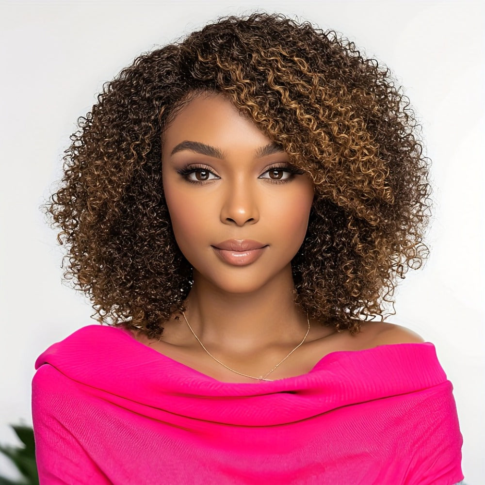 Jerry Curl Human Hair Wig with Bangs, 12-Inch Length and P4/30/27 or P1B/30 Highlight Options