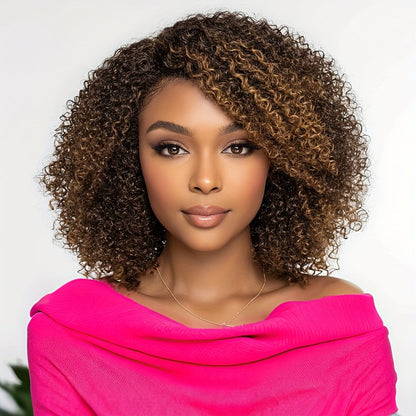 Jerry Curl Human Hair Wig with Bangs, 12-Inch Length and P4/30/27 or P1B/30 Highlight Options