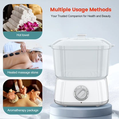 Compact Countertop Towel Steamer with Rotary Control, Black or White Base and Removable Clear Container