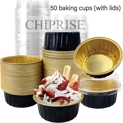 Aluminum Foil Baking Cups with Lids, Disposable Cupcake Molds with Spoons, Oven Safe Foil Dessert Cups for Pudding Muffins Mousse, Party Baking Supplies for Weddings Birthdays, 30 or 50 Sets
