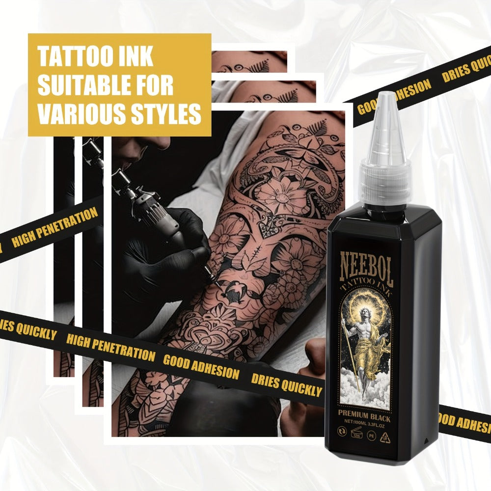 Black Tattoo Ink 3.38oz 100ml - Neebol Premium Super Dark Formula for Outlining Shading Blending, Long-Lasting Fade-Resistant Body Art Ink for Professional Tattoo Artists & Beginners
