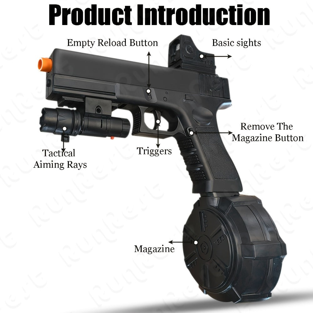 Black Electric Gel Blaster Set with Three Magazine Styles, Sight, Flashlight, Goggles and Charging Cable