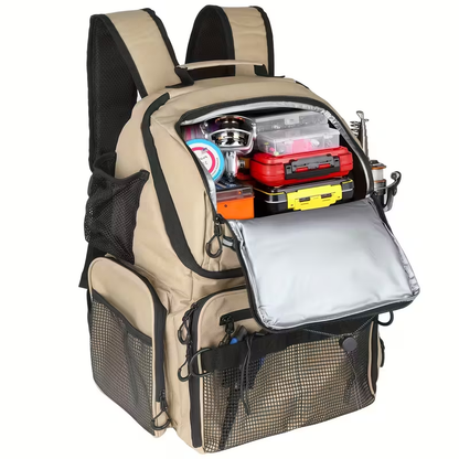 Waterproof Fishing Rod Backpack 42L – Built-In Rod Tube, 16 Pockets & Insulated Cooler Option | Black, Camo, Khaki, Gray