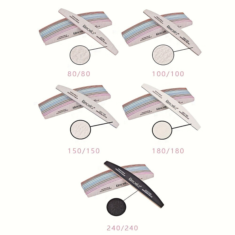 10-Piece Mixed Half-Moon Nail File Set with 80/80, 100/100, 150/150, 180/180 and 240/240 Grit Labels