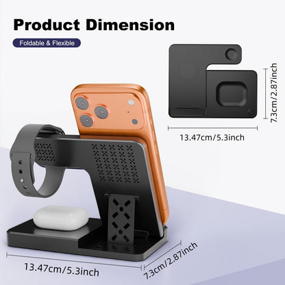 Foldable 3-in-1 Wireless Charging Station with LED Indicator & Anti-Slip Fast Charge for iPhone 17 16 15 14 13 12 11 Pro Max XR XS, Apple Watch Ultra Series 11 10 9 8 7 6 5 SE, AirPods 4 3 2 Pro & Samsung Galaxy – Black White, With/Without Adapter
