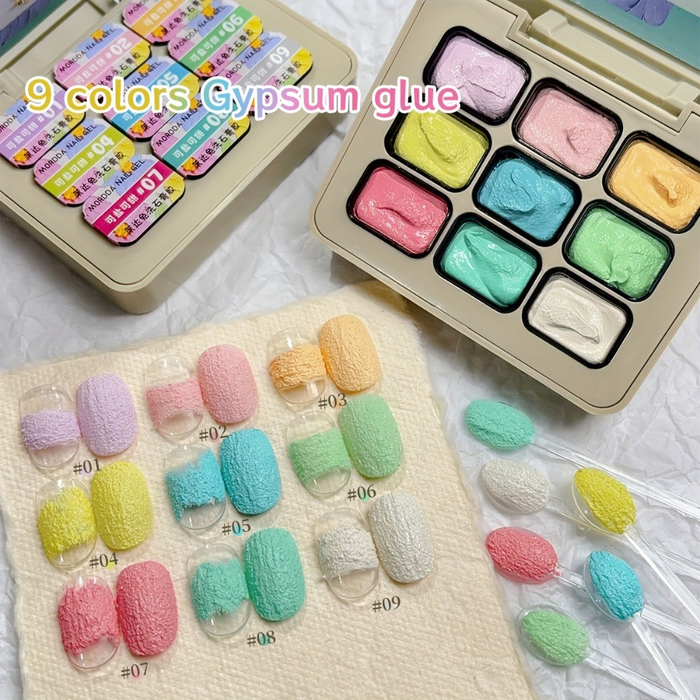 Plaster Texture Nail Art Gel Nine-Color Pastel Palette in a Compact Metal Case for Raised Sculpted Designs