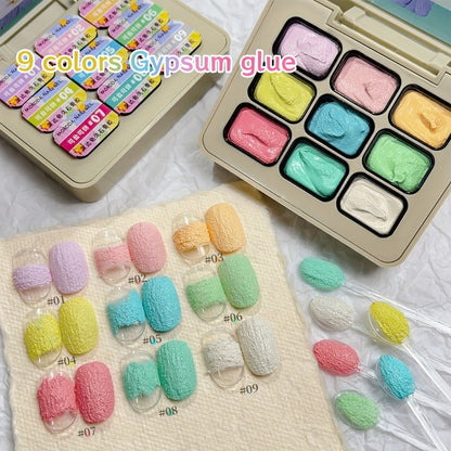 Plaster Texture Nail Art Gel Nine-Color Pastel Palette in a Compact Metal Case for Raised Sculpted Designs