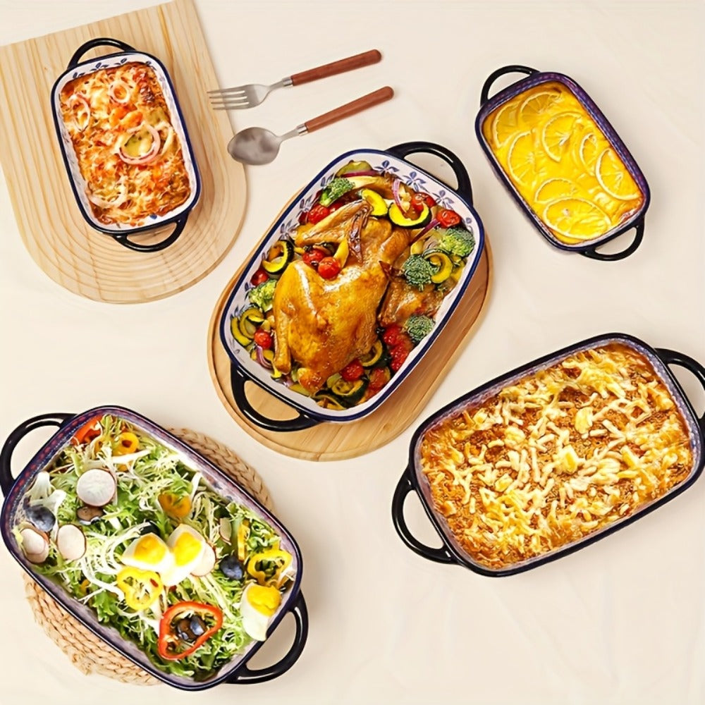 Ceramic Baking Dish Set of 2 Large 13 Inch Rectangular Casserole Dish Porcelain Bohemian for Entryways, Bedrooms and Living Spaces