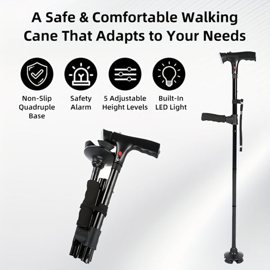 Foldable Walking Cane for Seniors Adjustable Height Folding Stick with Wrist Strap T-Handle Printed Design Portable Lightweight Mobility Aid Gift for Parents
