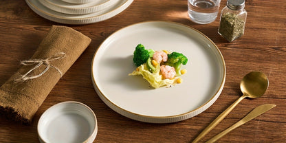 12-Piece Ribbed Dinnerware Set for Four with Dinner Plates, Salad Plates and Cereal Bowls in Two Cream Tones