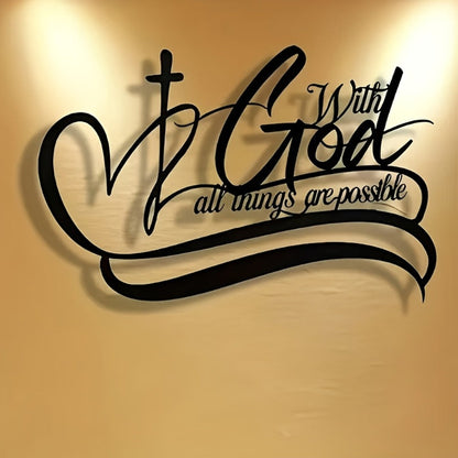 With God All Things Are Possible Metal Wall Sign in Black Script, 11.81 x 7.87 Inches for Indoor Display