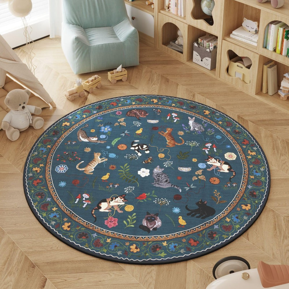 Area Rug, Vintage Blue Cat and Floral Low-Pile Carpet in Rectangle, Runner and Round Size Options
