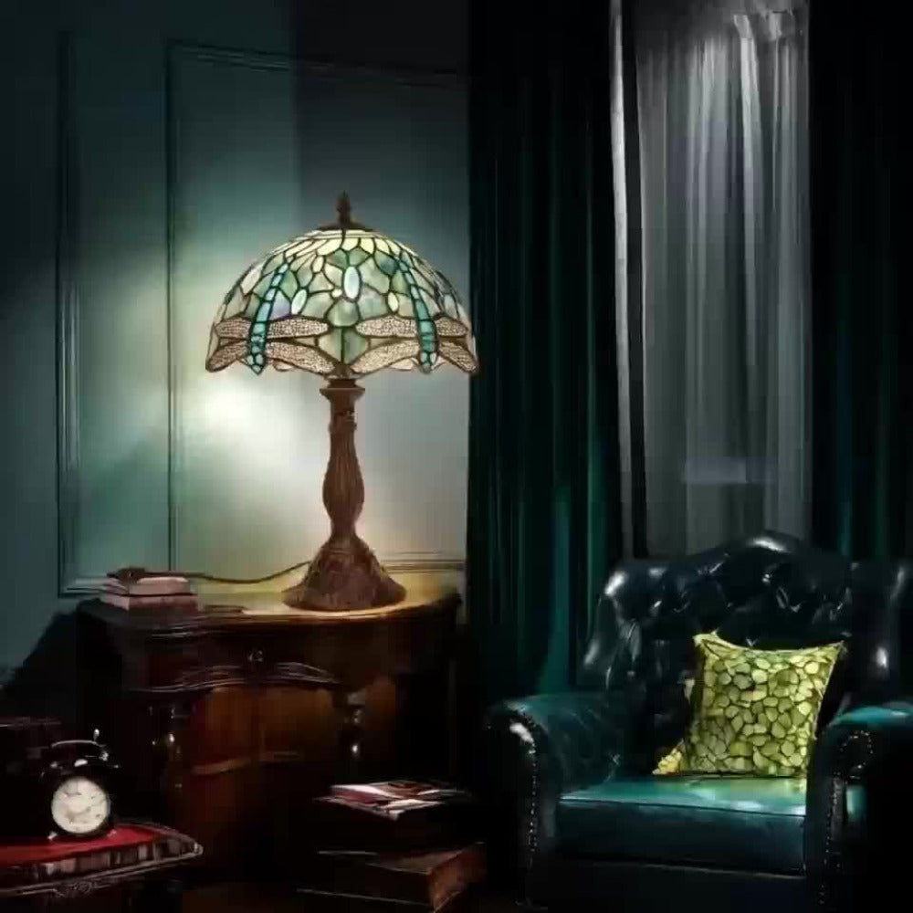 Table Lamp with Dragonfly-Motif Stained Glass Shade, 18-Inch Metal Base and Single Corded Tiffany-Style Design