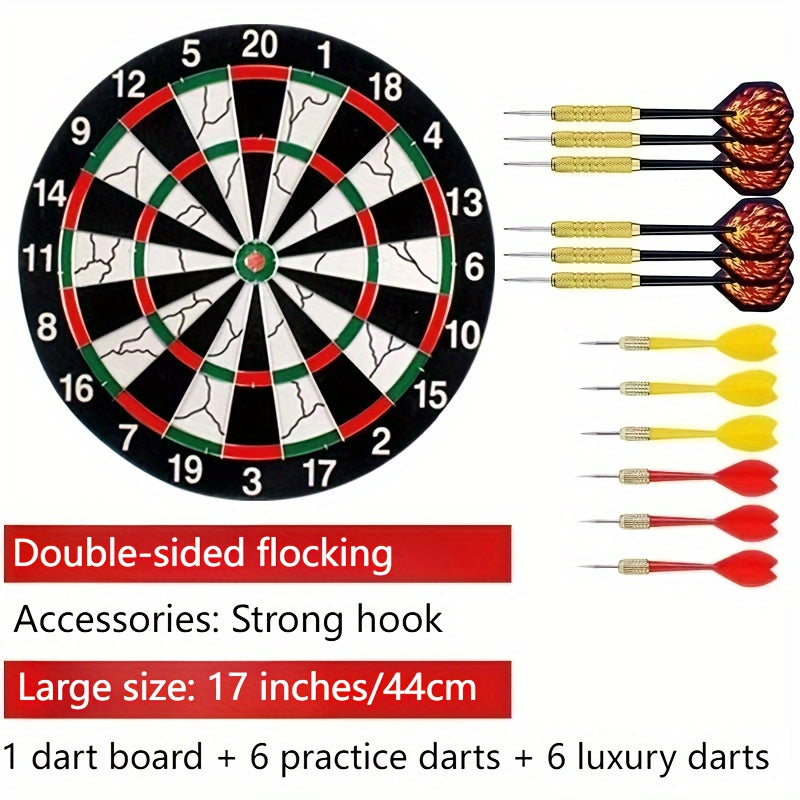 17-Inch Double-Sided Flocked Dartboard Set with Six Practice Darts, Six Gold-Color Darts and Alloy Edge Frame