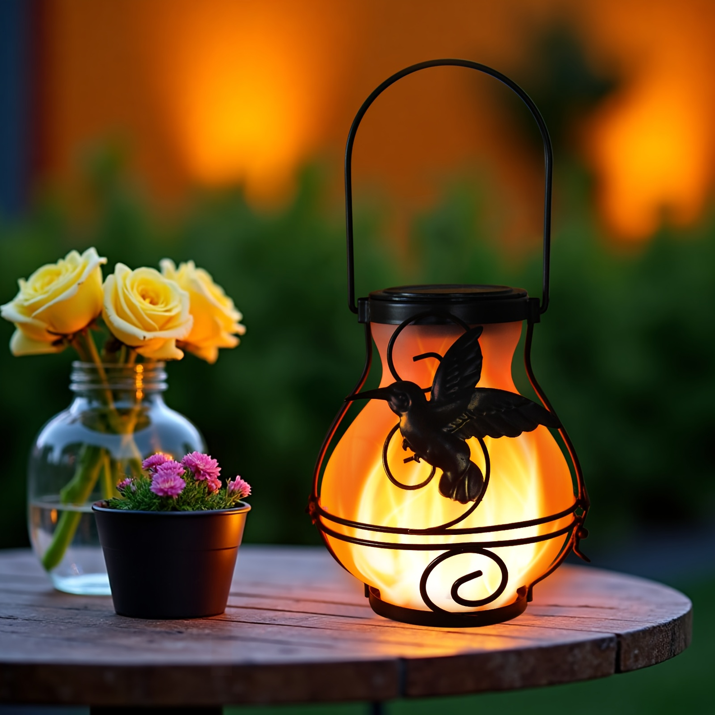 Solar Outdoor Lights Hummingbird Flickering Flame Hanging Lanterns, IP44, 2- or 4-Pack for Yard Decor