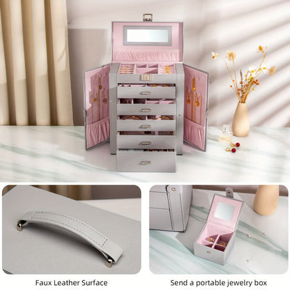 Jewelry Box 6 Tier with 5 Drawers Mirror & Lock | Large Jewelry Organizer Storage Case Gift for Women