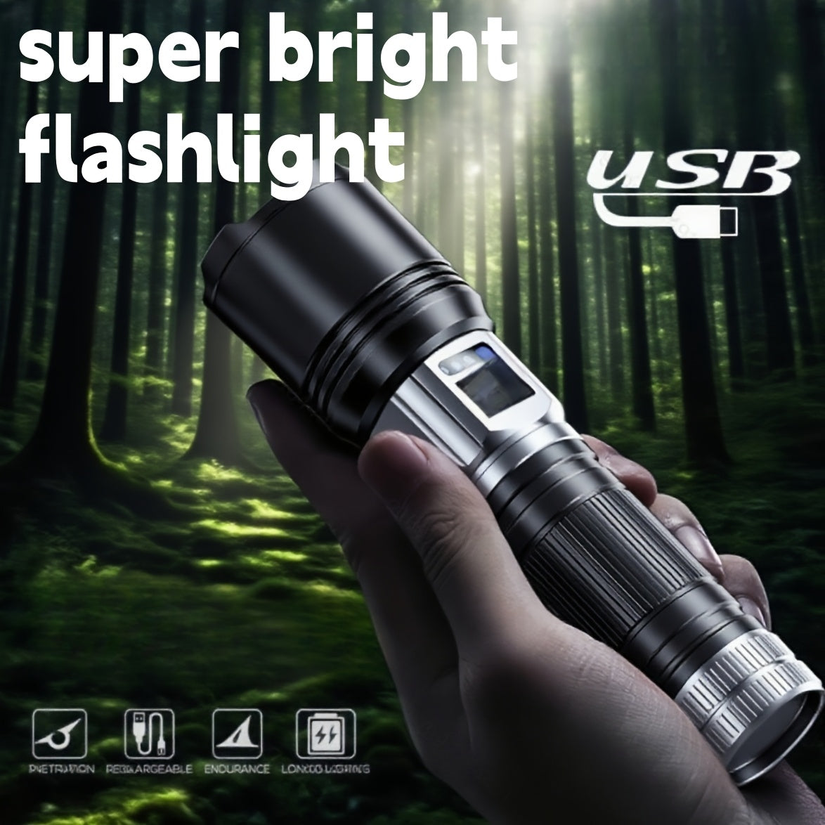 Flashlight Fresnel Lens Rechargeable Torch with 26650 Battery, USB-C Charging and Warning Tail Light