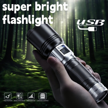 Flashlight Fresnel Lens Rechargeable Torch with 26650 Battery, USB-C Charging and Warning Tail Light