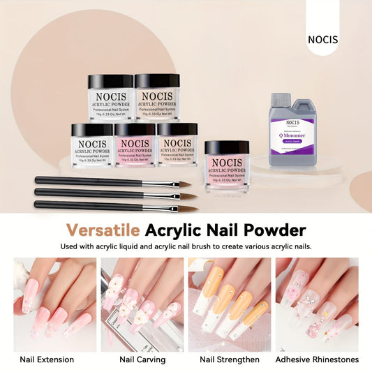6 Color Pink Nude Crystal Acrylic Powder Set — No Lamp Needed Professional 3D Nail Art French Extensions All Season Salon & Home Kit Beginner to Tech