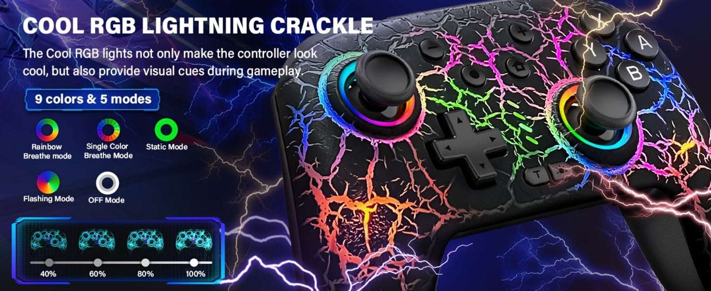Switch Pro Controller Wireless RGB Rechargeable with 6-Axis Gyro & 10 RGB Lights, Compatible with Nintendo Switch, Switch 2, Switch Lite & Switch OLED – Wireless Remote Gamepad for Nintendo Switch