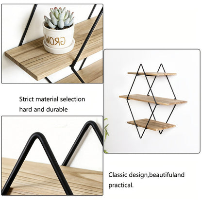 Geometric Diamond Wall Shelf 3-Tier Metal Wire & Wood Floating Shelves | Industrial Style Display Shelf for Living Room Kitchen Bedroom