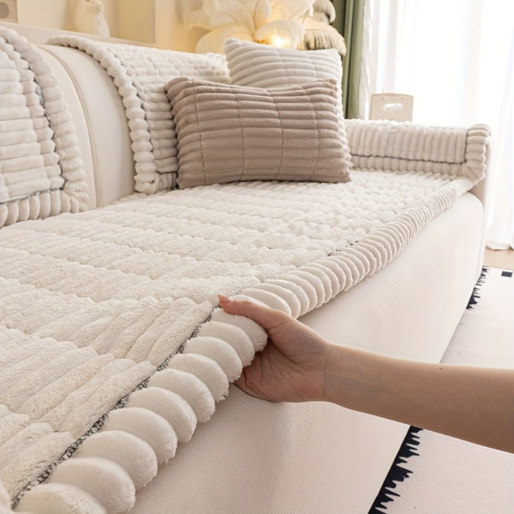 Wavy-Edge Plush Sofa Cushion Cover in Four Colors with Single-, Two-, Three- or Four-Seat Sizes
