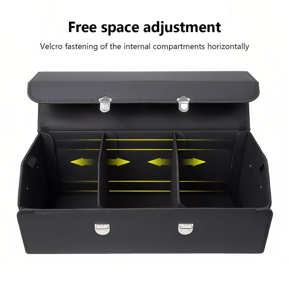 PU Leather Car Organizer Box Foldable Multi-Compartment – Large Capacity Storage for SUV, Truck, Camper & Car Interior, Durable Auto Cargo Organizer with Dividers