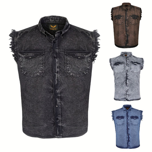 Men's Sleeveless Shirt – Fringe Hem Crew Neck Tank Top, Stonewash Cotton, Regular Fit for Streetwear, Beach & Vacation, Sizes M–XXXXL