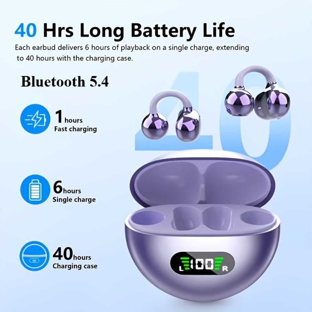 Open-Ear Clip Earphones Bluetooth 5.4 Wireless Earbuds for Glasses Wearers Small Ears Low Latency HD Calls All-Day Comfort Clip-On Open Ear Headphones Purple Black White
