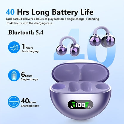 Open-Ear Clip Earphones Bluetooth 5.4 Wireless Earbuds for Glasses Wearers Small Ears Low Latency HD Calls All-Day Comfort Clip-On Open Ear Headphones Purple Black White