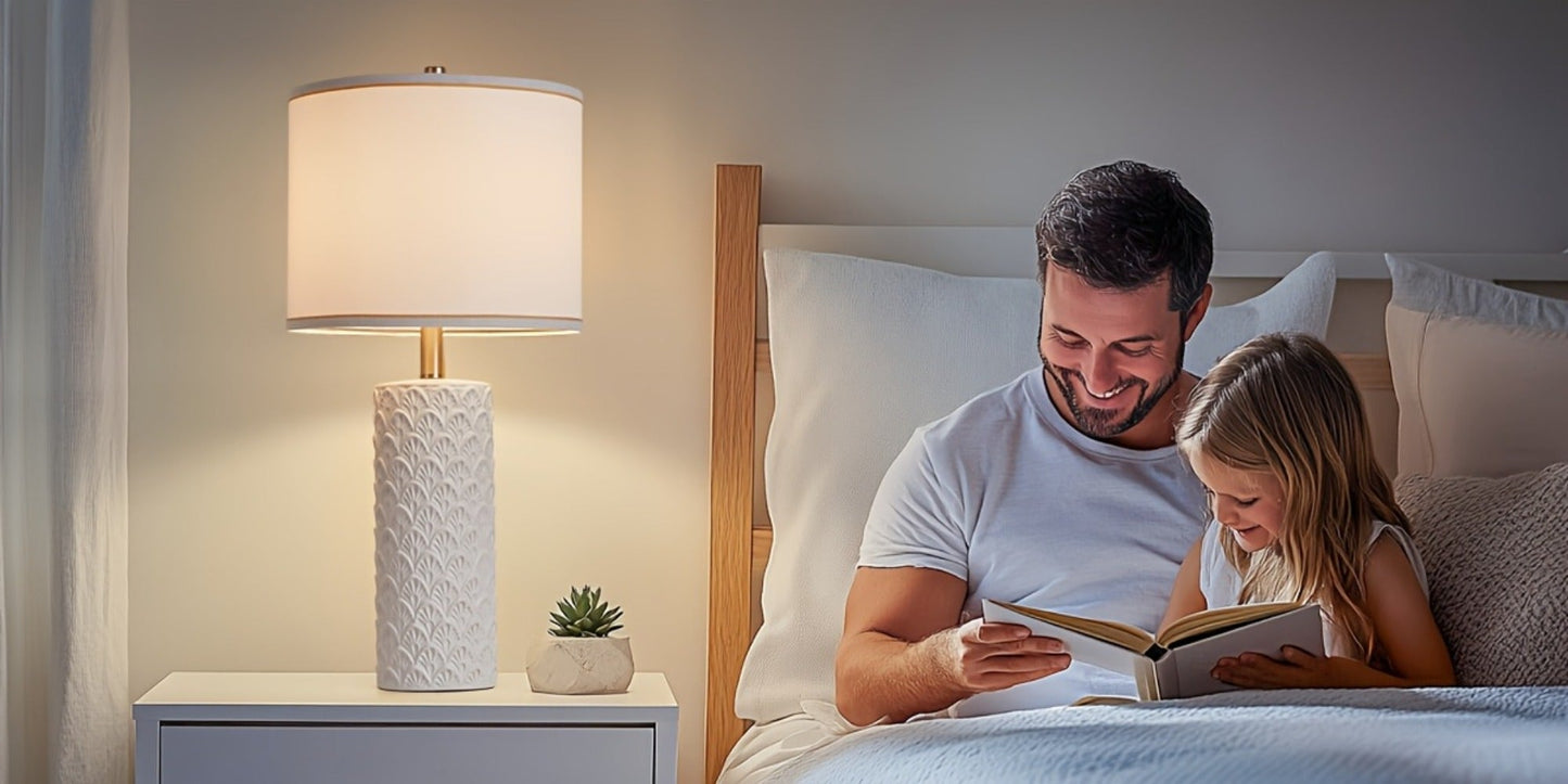 Ceramic Table Lamp – Modern Farmhouse Bedside Lamp with Drum Shade, 3 Color Temperature, Knob Switch, 9W LED Bulb Included, Rustic Nightstand Desk Light for Bedroom Living Room Office Dorm (Multiple Colors)
