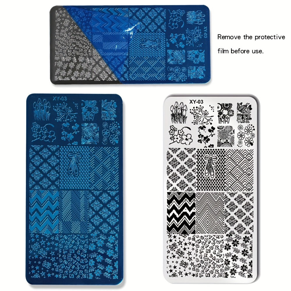 9-Piece Nail Stamping Set with Seven Mixed-Design Plates, Clear Stamper and Scraper for Manicure Art