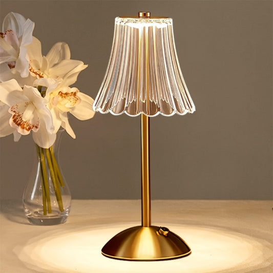 Table Lamp with Vintage Gold Pleated Acrylic Shade, USB Rechargeable Power, Three Colors and One or Two-Pack Options