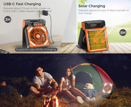 Solar Camping Fan and Light with Folding Panel, USB-C Input, Timer Controls and Three Color Options