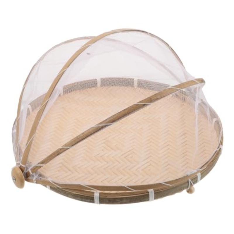 Handwoven Bamboo-Style Food Storage Basket with Lid and Mesh Cover in Light Yellow Finish for Kitchen