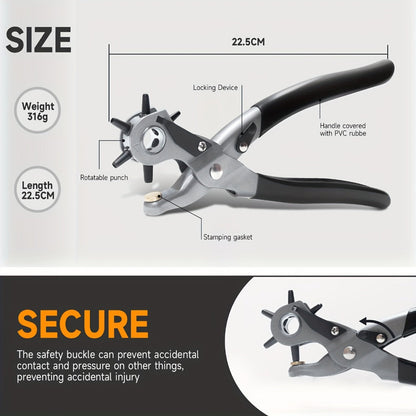 Leather Hole Punch for Belt - Heavy Duty 6-Hole Rotary Belt Puncher Kit for Saddles Shoes Fabric DIY Craft Projects Upgraded Round Hole Punching Tool (Black)