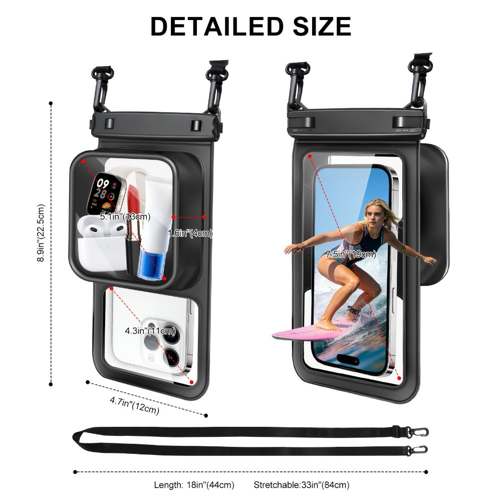 Waterproof Phone Pouch 2 Pack Floating Dual Compartment Dry Bag – 7.5 Inch Shockproof Sandproof Clear Case for iPhone 16 15 14 13 12 Pro Max & Android, Swimming Kayaking Beach Water Sports