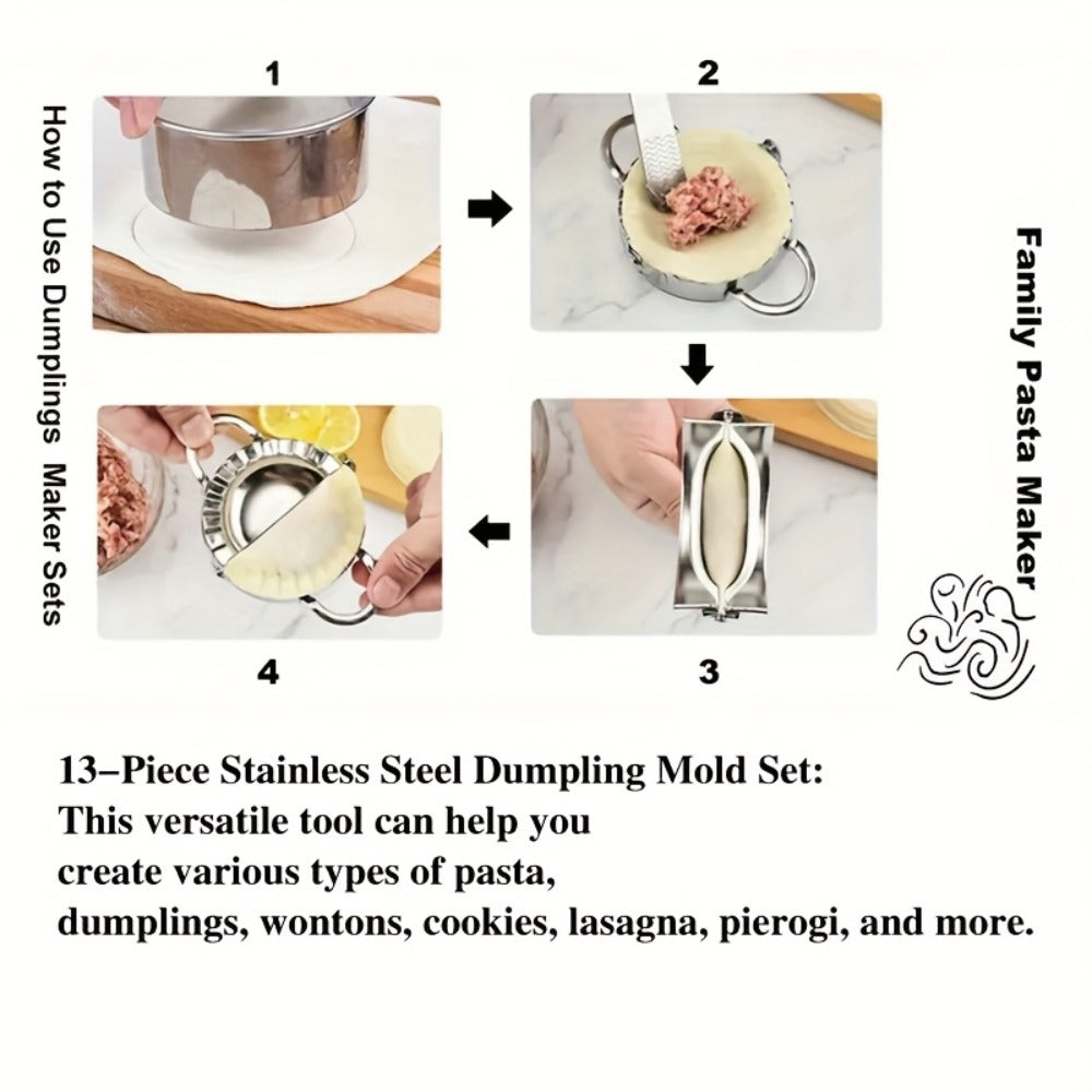 Thirteen-Piece Dumpling Maker Tool Set with Wooden Handles, Round Cutters and Folding Presses in Multiple Sizes