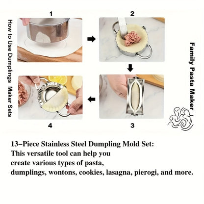 Thirteen-Piece Dumpling Maker Tool Set with Wooden Handles, Round Cutters and Folding Presses in Multiple Sizes