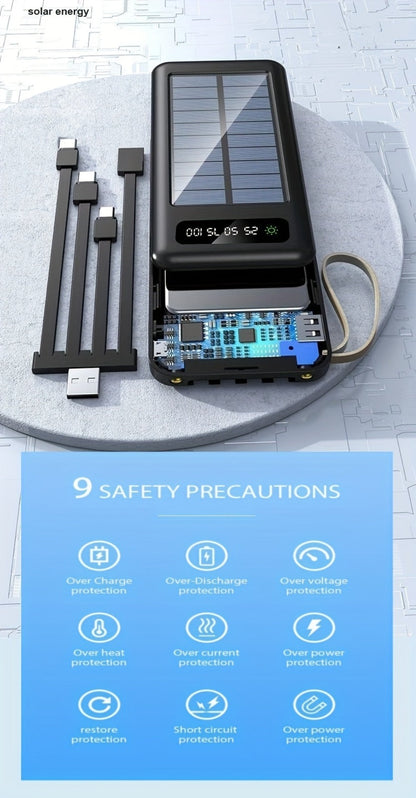 Solar Power Bank, 10000mAh to 30000mAh Charger with Built-In Cables, LED Light, Digital Display and 5W or 15W Options