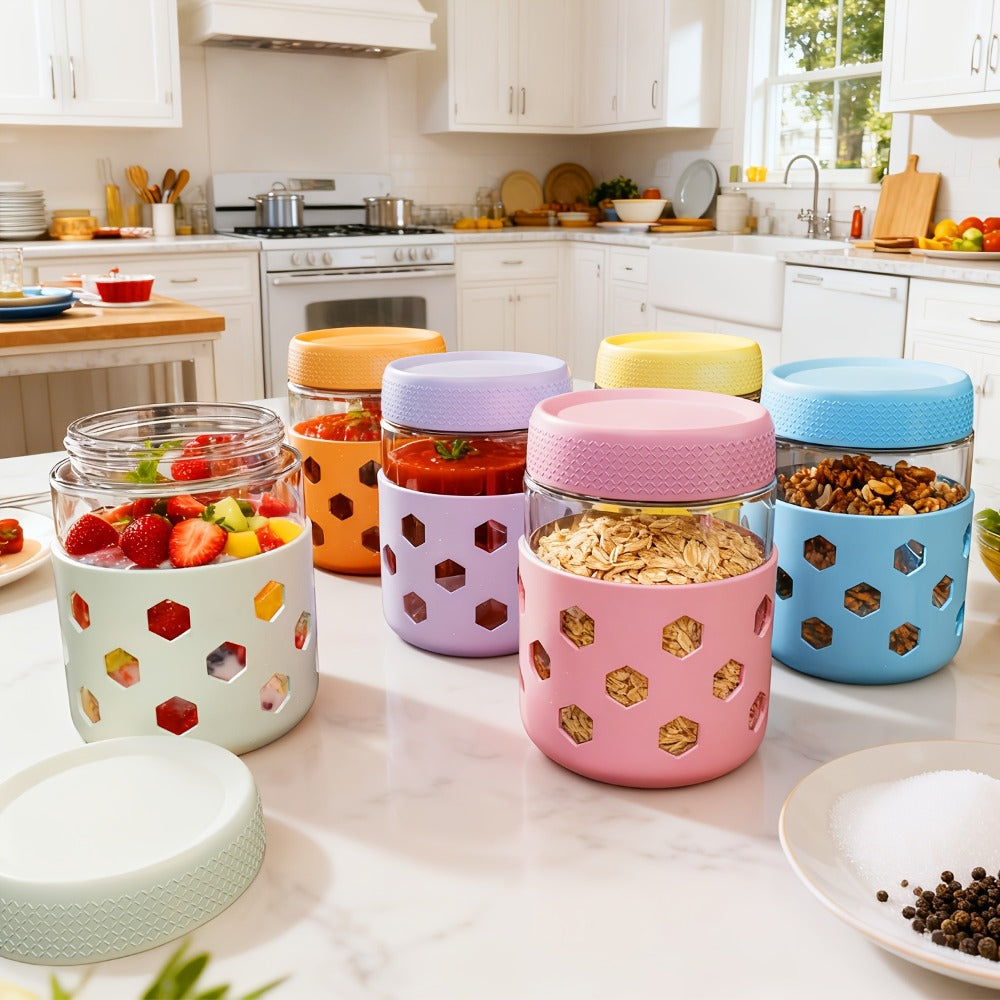 Wide Mouth Mason Jar Set, Six 16oz Glass Containers with Lids and Optional Protective Silicone Sleeves