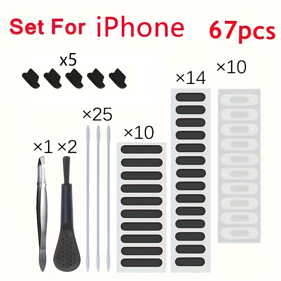 Phone Dust Plug Kit 67PCS – Type-C & Lightning Port Protectors, Speaker Dust Mesh Stickers, Cleaning Brush Set, Anti-Dust Caps for iPhone & Android Smartphones
