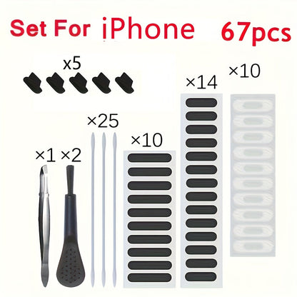 Phone Dust Plug Kit 67PCS – Type-C & Lightning Port Protectors, Speaker Dust Mesh Stickers, Cleaning Brush Set, Anti-Dust Caps for iPhone & Android Smartphones