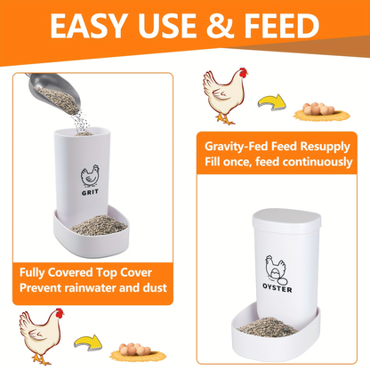 Two-Piece White Poultry Supplement Feeder Set with Separate Oyster Shell and Grit Containers