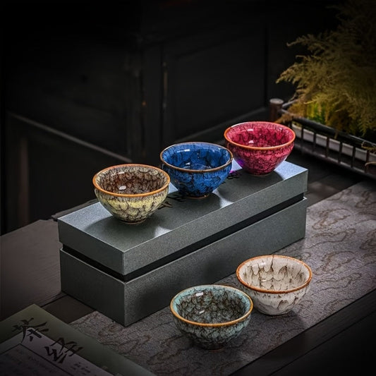 Kung Fu Tea Cups Set of 5 – Handmade Kiln-Fired Jianzhan Ceramic Teacups – Five-Element Design in 5 Colors with Gift Box – Elegant Chinese Tea Ceremony Cup Gift for Business, Friends & Family